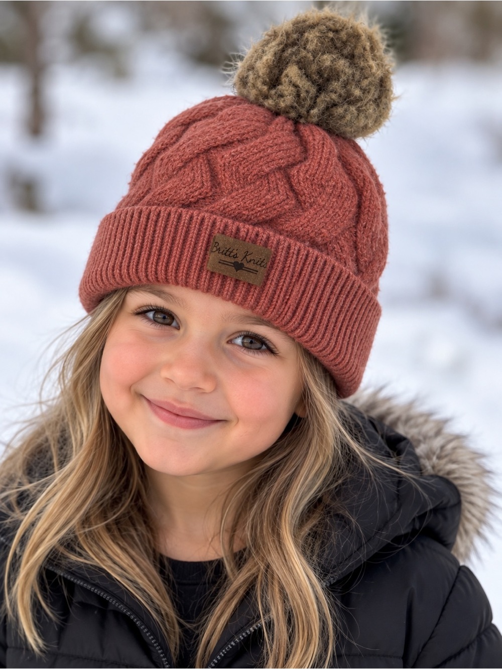 Britt’s Knits Rust Cable Knit Pom Pom Beanie Winter Hat